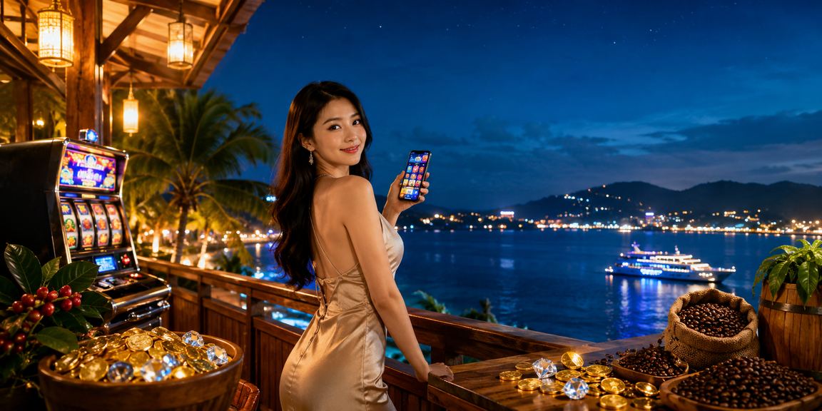 Người dùng Phú Quốc chơi slot game trực tuyến với ly cà phê bên cạnh